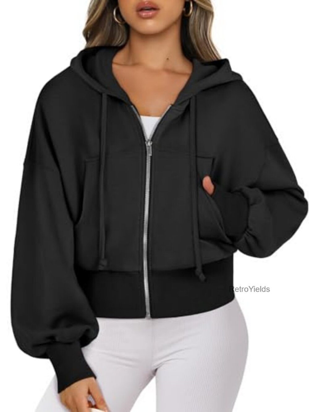 Cropped Zip-Up Hooded Sweatshirt Regular Fit Long Sleeve with Pockets